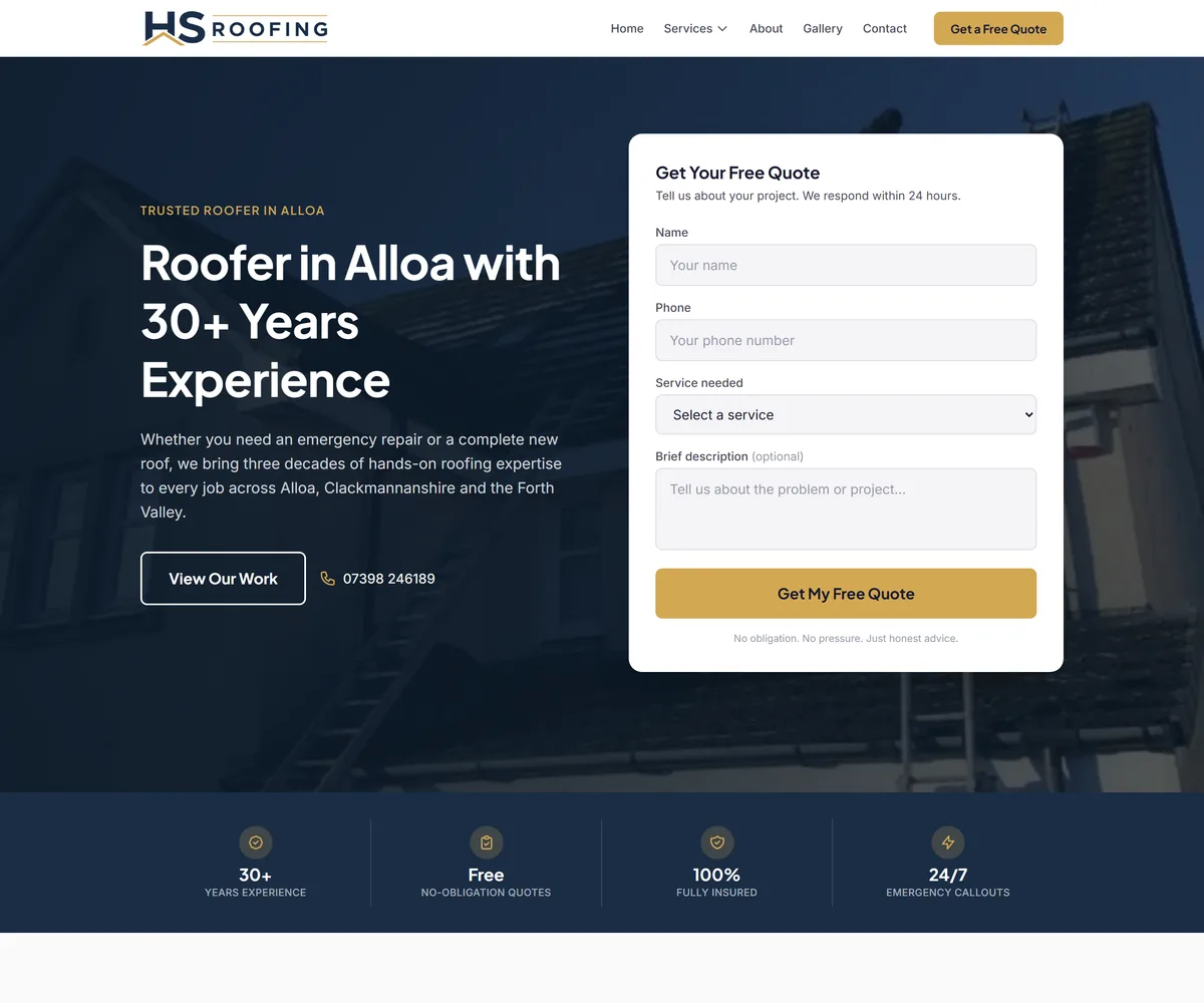 HS Roofing website screenshot