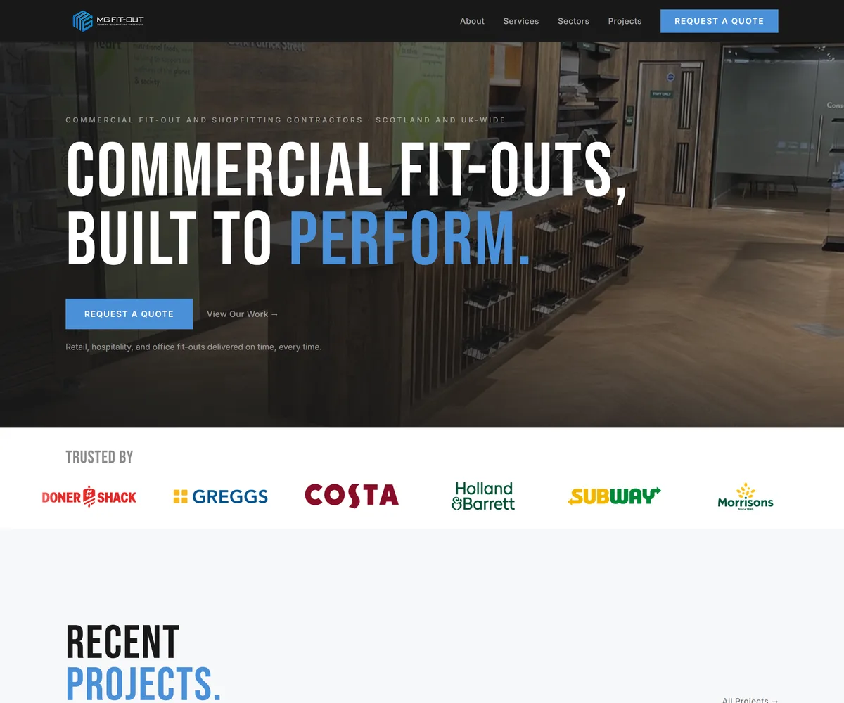 MG Fit Out website screenshot