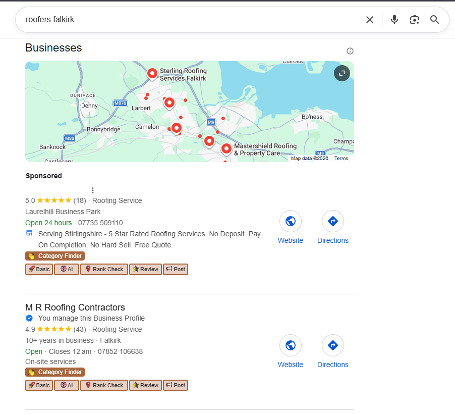 M R Contractors ranking in Google Maps for roofers falkirk