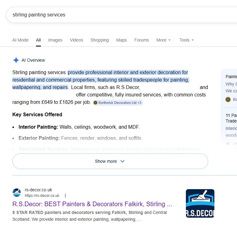 RS Decor featured in Google AI Overview for stirling painting services
