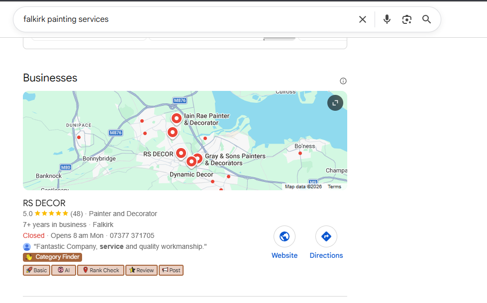 RS Decor ranking #1 in local pack for falkirk painting services