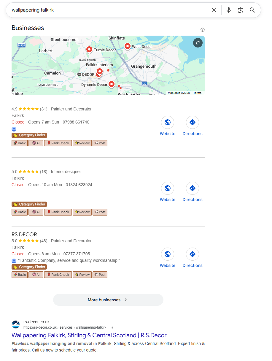 RS Decor ranking #1 in Google Maps for wallpapering falkirk