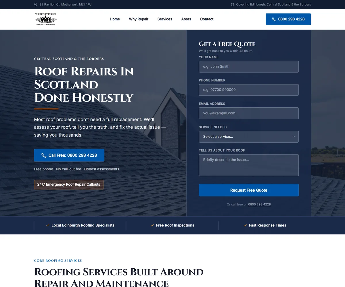 W Hartley Jnr Ltd Roofing Contractors website screenshot