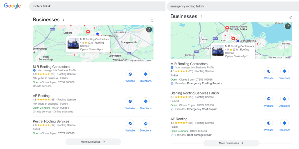 Google rankings for a roofing company in Falkirk