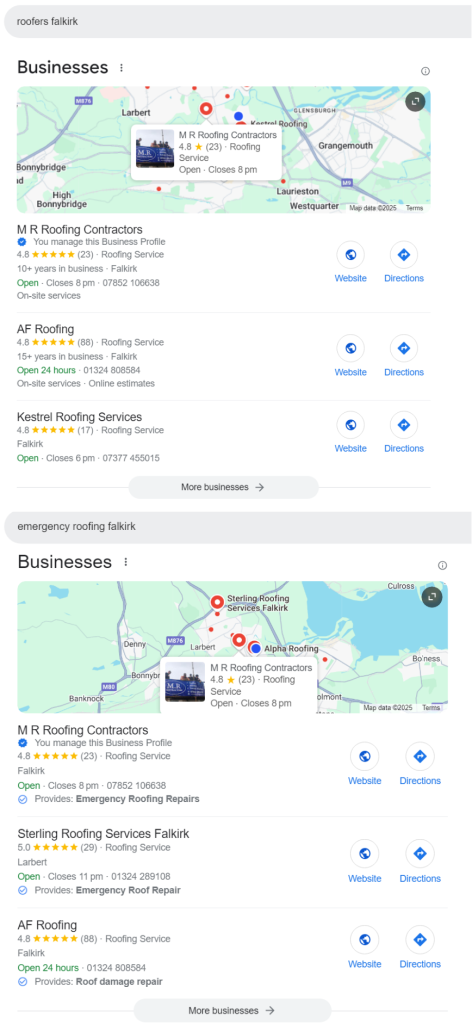Google rankings for a roofing company in Falkirk (mobile vertical format)